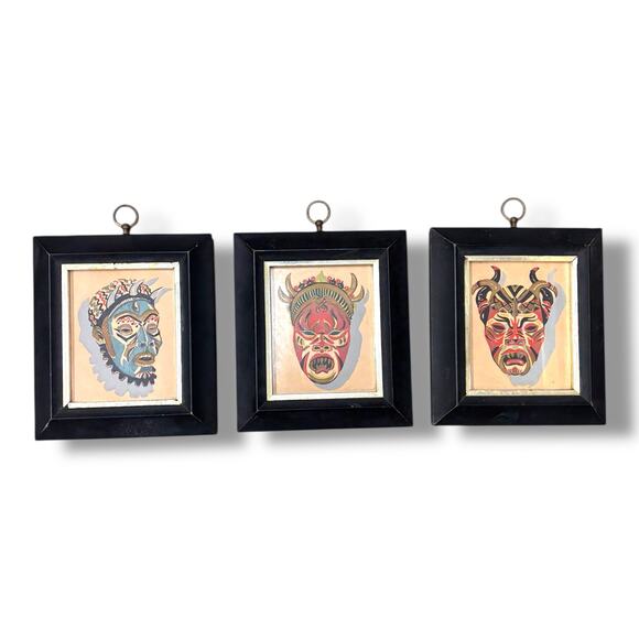 Set of 3 MCM Framed Mask Prints Tribal Devil Death Masks 1950s 1960s Vintage - Picture 1 of 12